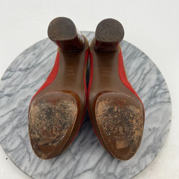 Tory Burch Joelle Platform Pump Womens 8 Linen Patchwork Wood Heel Round Toe - Picture 8 of 11